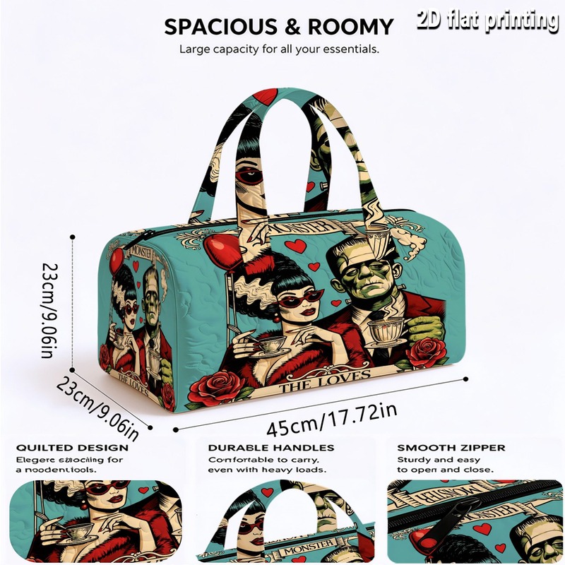 TEMU Single-piece Quilted Tote Bag "vintage Monster Couple With Red Roses" Print Themed Quilted Travel Bag, Unisex Quilted Fashion Luggage Bag, Print