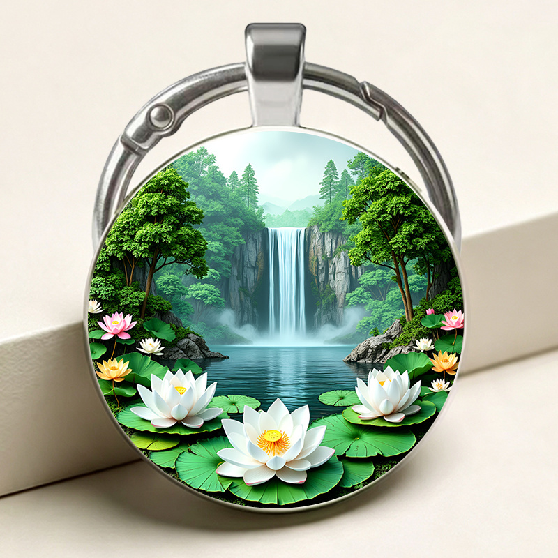 Natural Waterfall Lotus Theme Keychain, Realistic Style