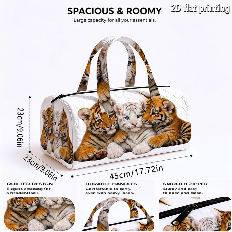 TEMU Single-piece Quilted Tote Bag With Rare White Tiger And Tiger Print Theme, Unisex Quilted Fashion Luggage Bag, Exquisite Print Large Capacity