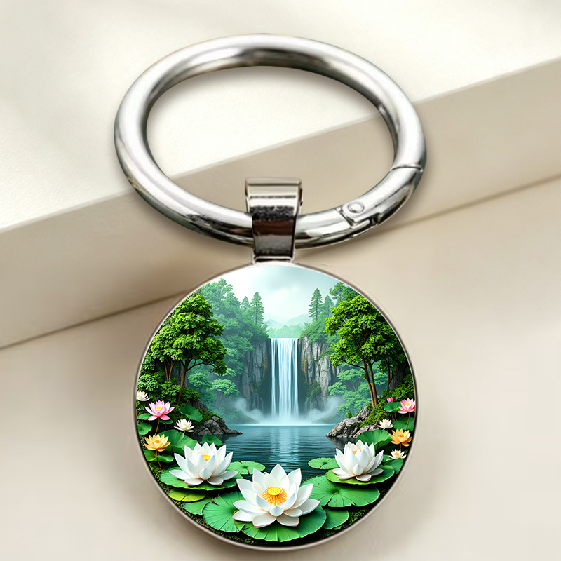Natural Waterfall Lotus Theme Keychain, Realistic Style