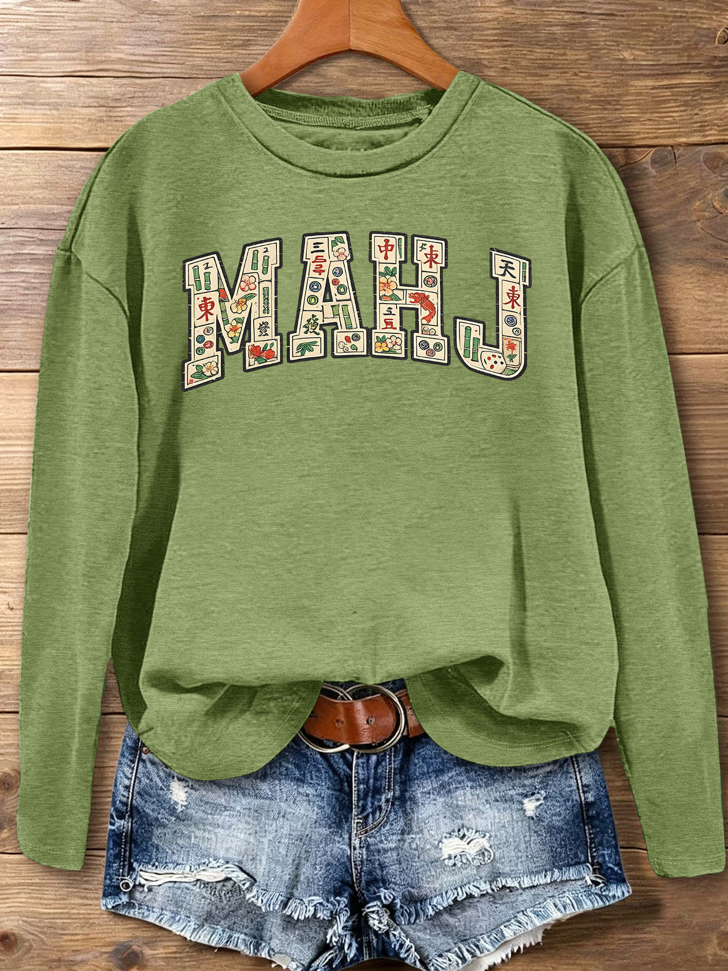item picture  ong themed fun womens long sleeve t shirt    ong tile   letter print   relaxed loose fit for a effect   friendly stretchy thin fabric   autumn winter daily   outing gathering festive  