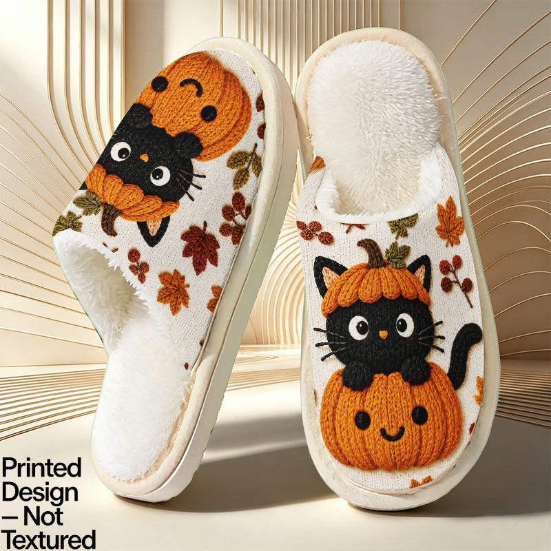 TEMU [printed Design - Not Textured] Maple Black Cat Pumpkin Style Printed Casual Light Luxury Elegant Slippers Unisex Fashion Indoor/outdoor Home