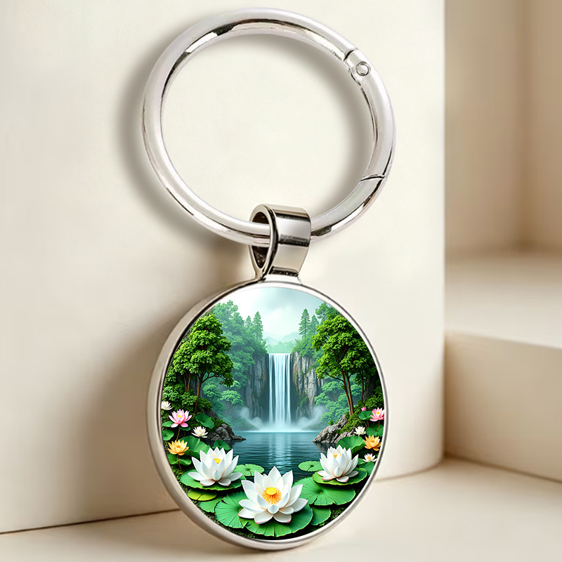 Natural Waterfall Lotus Theme Keychain, Realistic Style