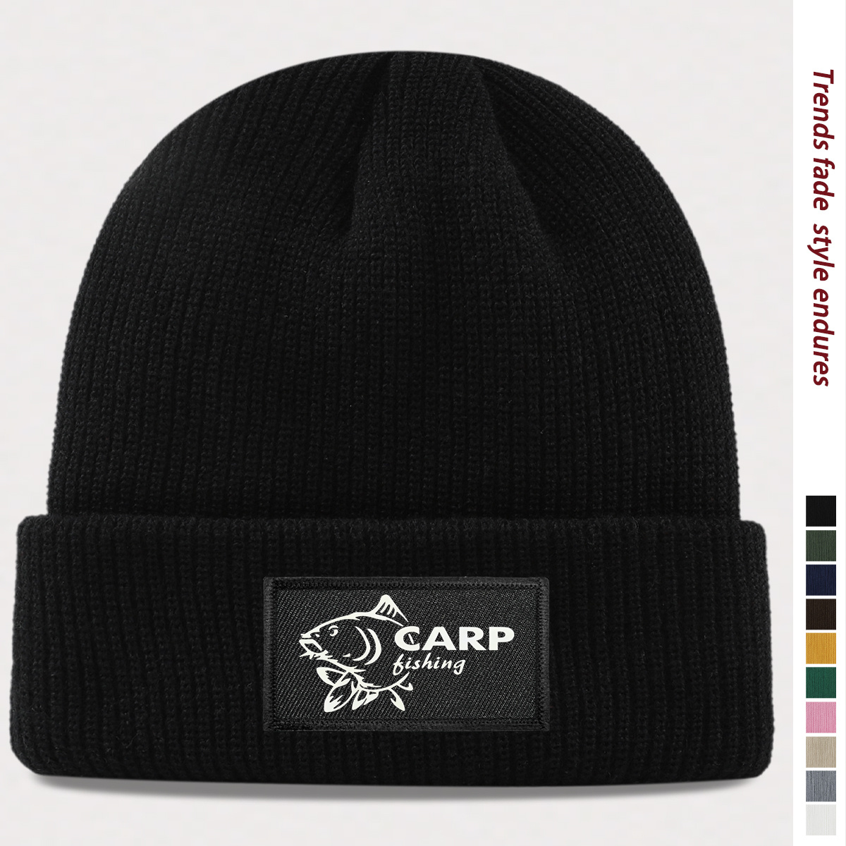 TEMU 1pc Unisex Solid Color Beanie With Fish-shaped Carp Fishing Logo Pattern, Classic For Halloween, Christmas, And Winter, Versatile Daily Wear