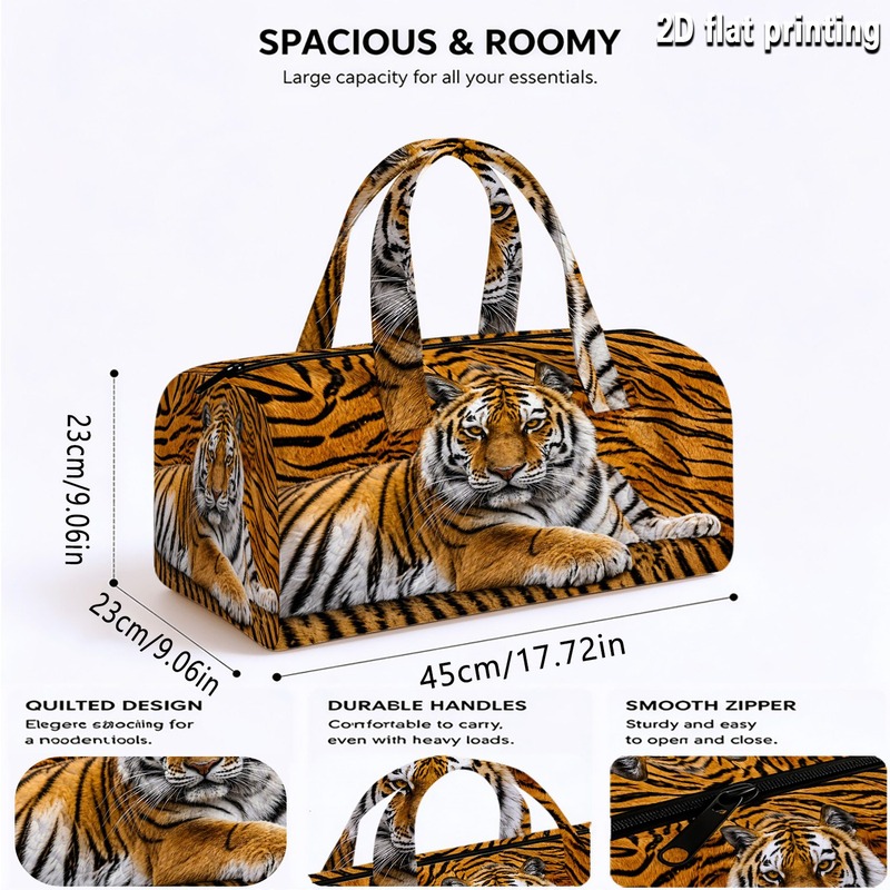 TEMU Single-piece Quilted Tote Bag With Tiger Print Theme, Unisex Quilted Fashion Luggage Bag, Exquisite Print Large-capacity Handbag, Durable
