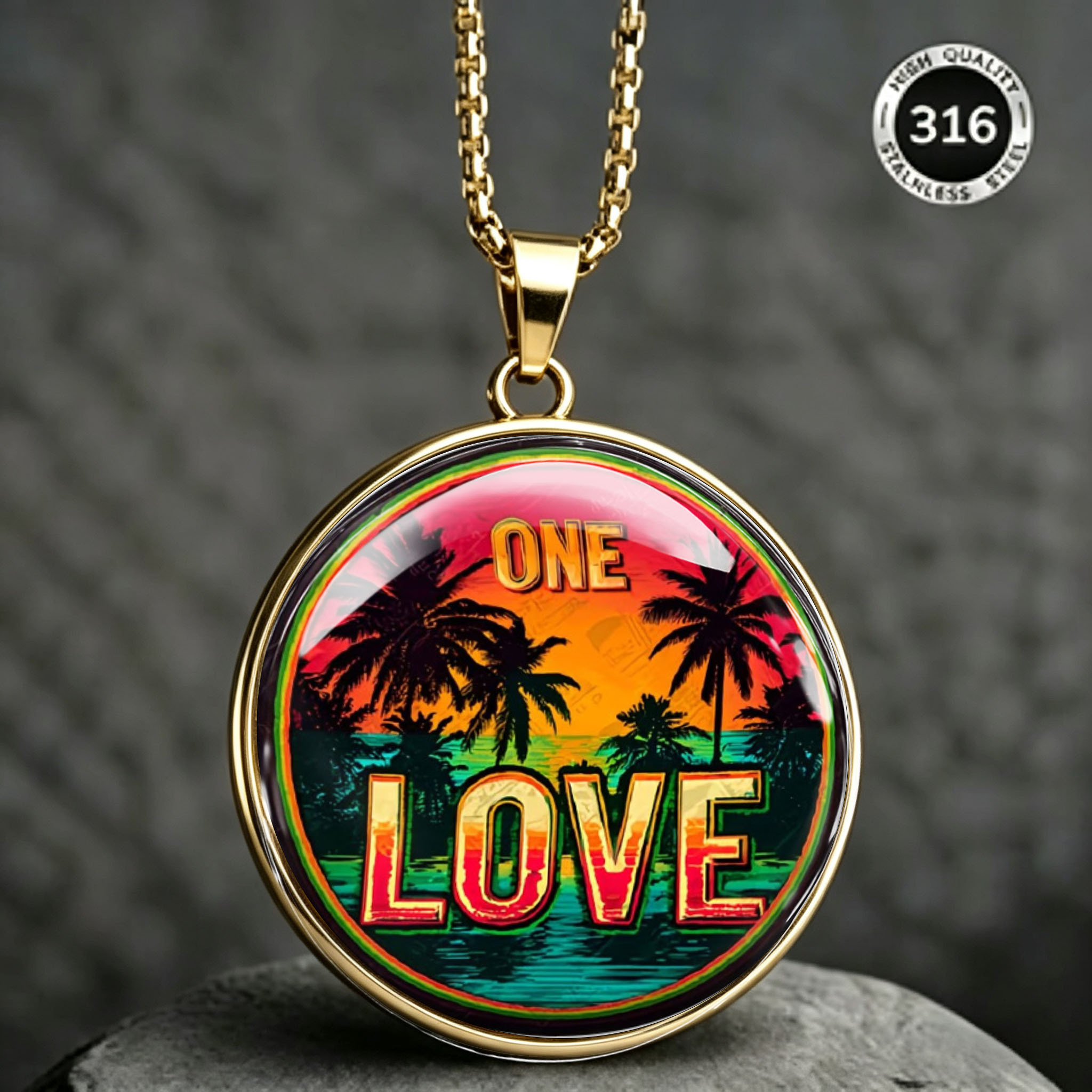 Men's Stainless Steel Sunset Palm Tree Pendant Necklace