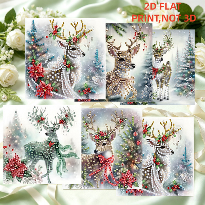 TEMU 6pcs Diamond Painting Kit - Diy Forest Christmas Reindeer Themed Painting Holiday Greeting Card Kit, Diy Special Shape Art Mosaic Postcard,