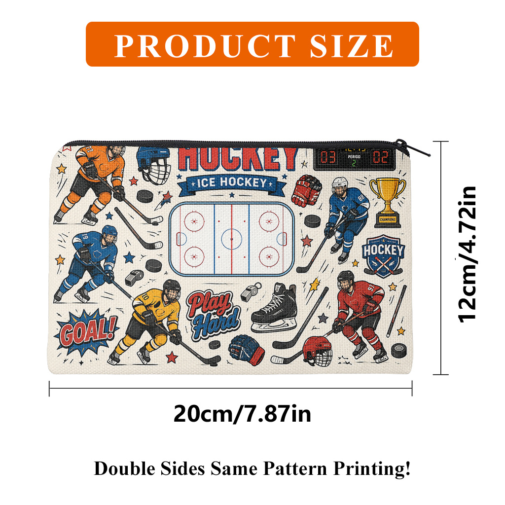 TEMU 1 Pencil Case, Featuring A Double-sided Print With Elements Related To Ice Hockey Competition, Zipper Closure Office Stationery Pouch, Portable