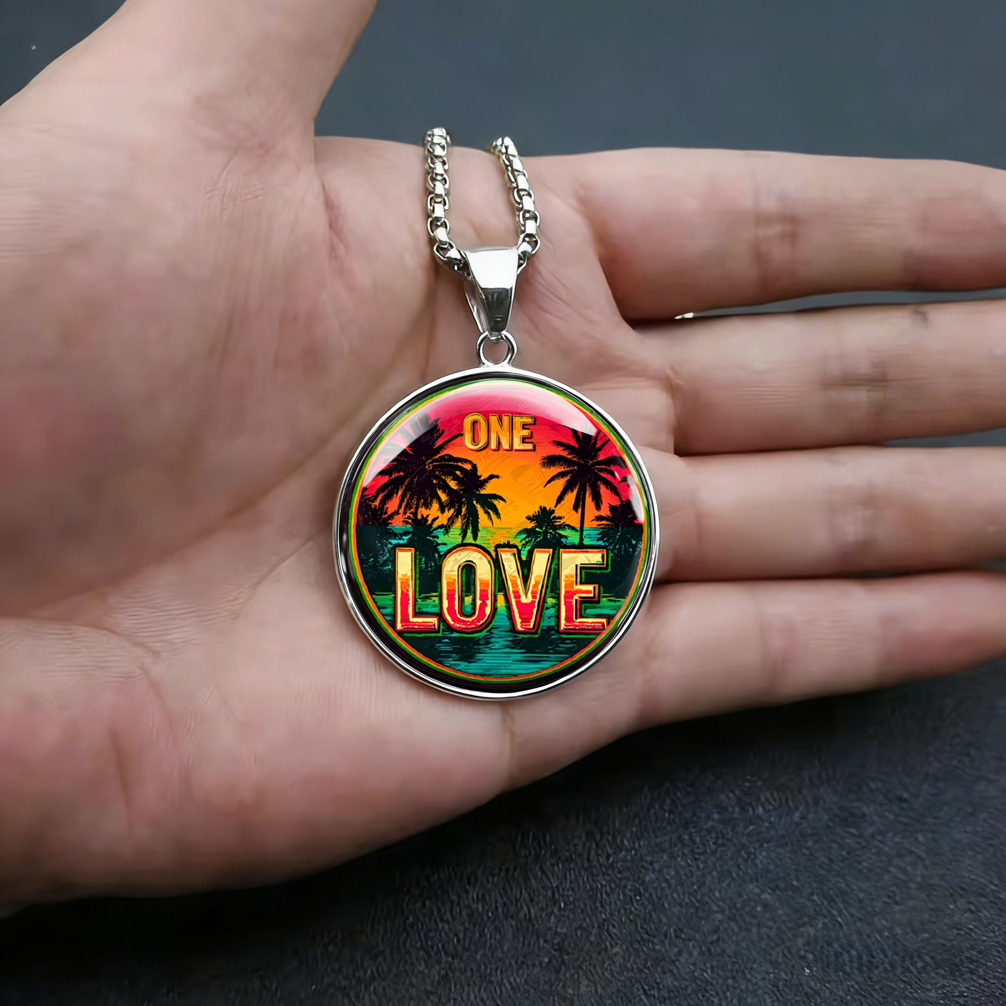 Men's Stainless Steel Sunset Palm Tree Pendant Necklace