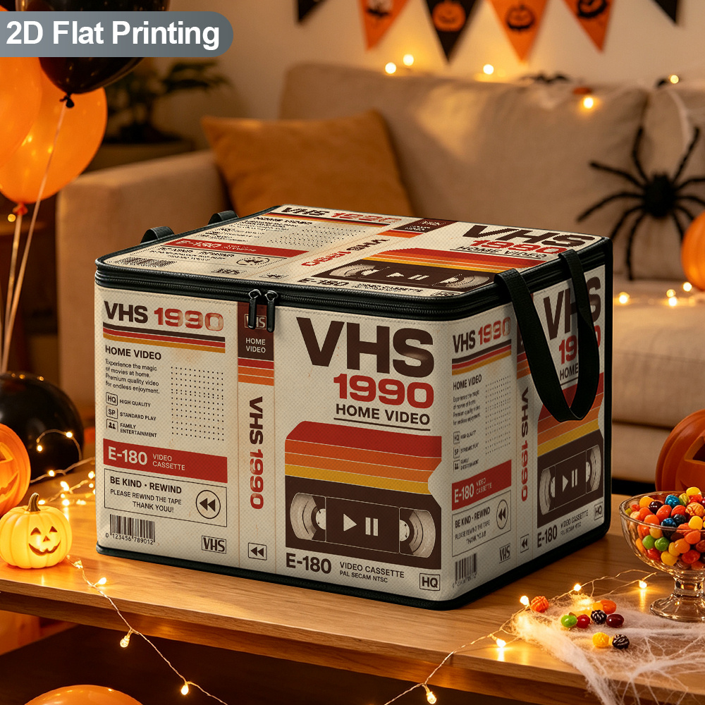 TEMU [halloween Gifts] 1pc, Vhs 1990 Video Cassette 2d Flat Design Large Capacity Storage Organizer Box With Lid Zipper Handle, Christmas Halloween