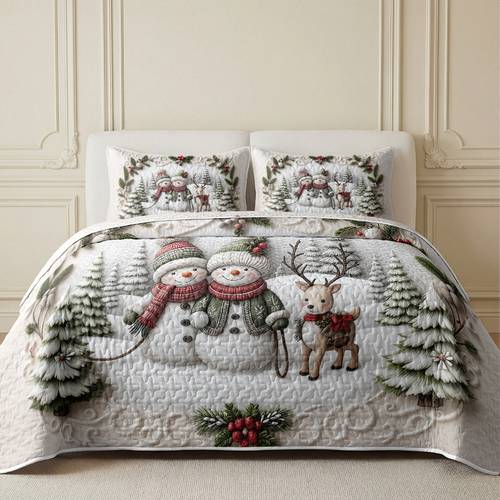 item picture 2 3pcs quilted bedspread set christmas snowman reindeer snow scene embroidered bedspread bedspread 1 pillowcase 1 2 pillow insert not included breathable and comfortable suitable for holiday gift suitable for hotels