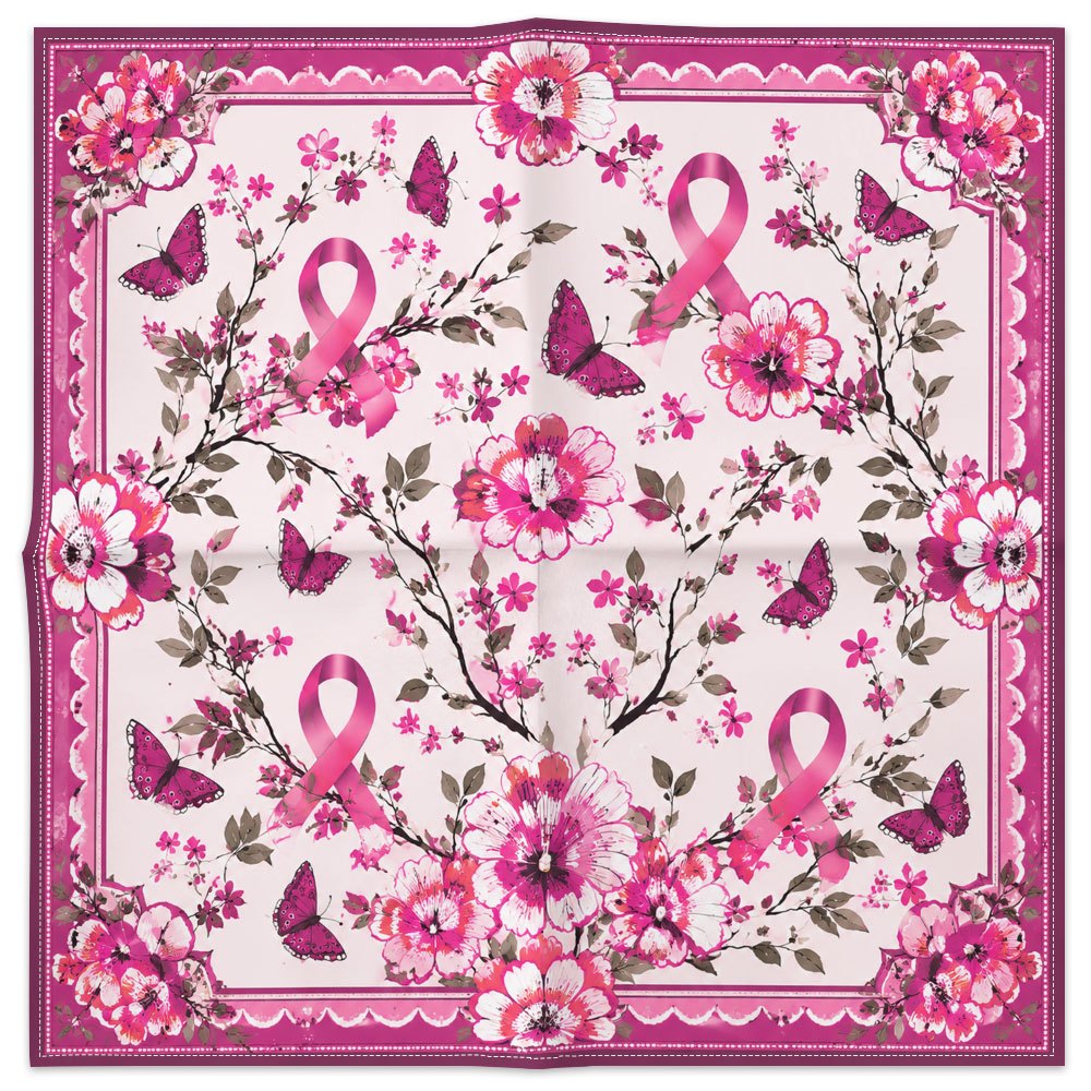 TEMU 1pc Écharpe Carrée Écharpe Rose avec Ruban de Sensibilisation au du Sein Motif Floral Papillon Écharpe Carrée