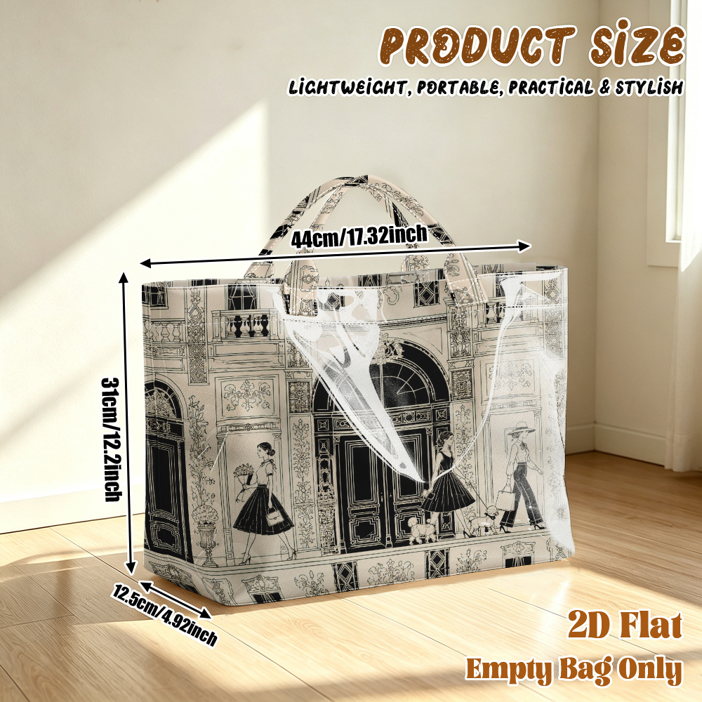 TEMU 1pc Reusable Grocery Bags, 2d Flat Printing Elegant Women Walking Scene Pattern Pvc Large Capacity Travel Tote Bag, Shopping Bag, Commuting Bag,