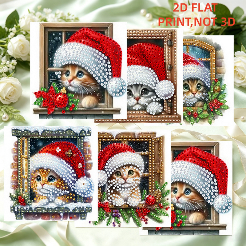 TEMU 6pcs Diamond Painting Kit - Window Christmas Kitten Theme Painting Set, Special Shape Art Mosaic Postcard, Set, Suitable For Thanksgiving,