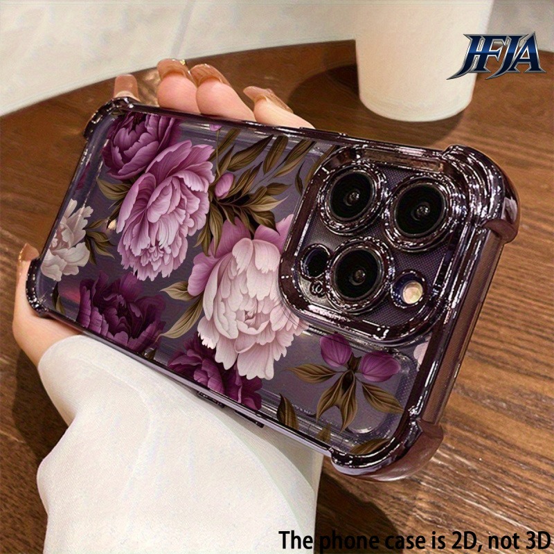 TEMU Phone Case: 2d Flat Purple Peony Pattern Electroplated Full-coverage Phone Case With Reinforced , Suitable For Iphone
