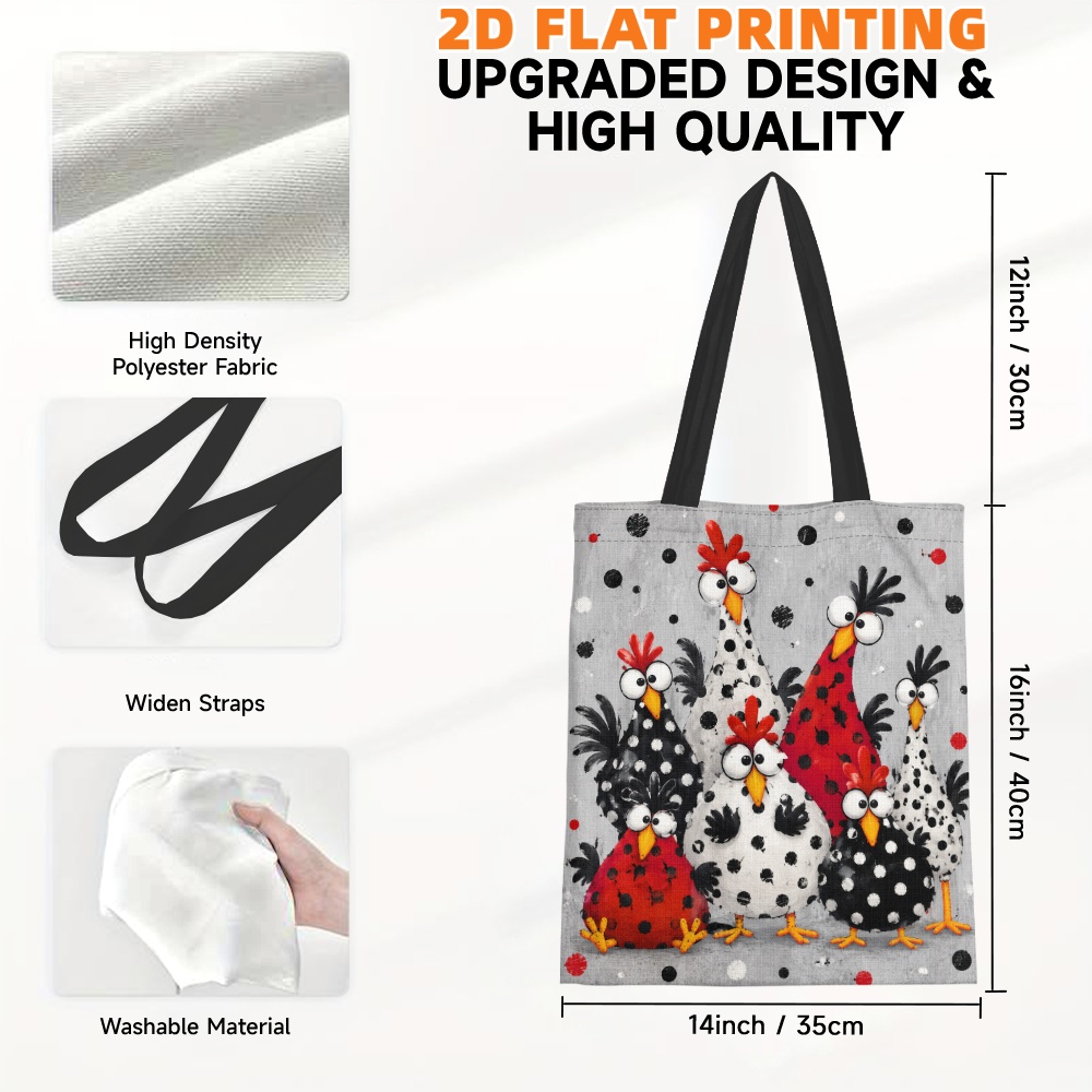 TEMU 2d Flat 1pc Cartoon Polka Dot Chickens Group Tote Bag Print Design - Great For Work, Party, Birthday, Picnic, School, College, Grocery - Bright