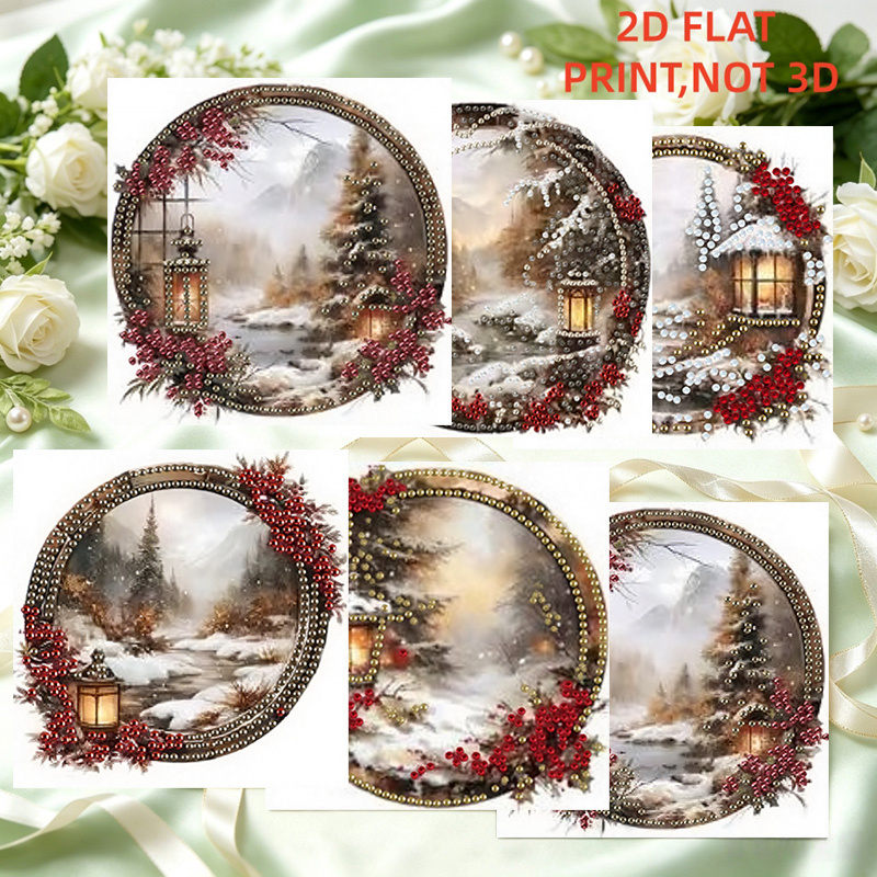 TEMU 6pcs Diamond Painting Kit - Retro Snow Forest Lantern Theme Painting And Set, Special Shape Art Mosaic Postcard, Set, Suitable For Thanksgiving,