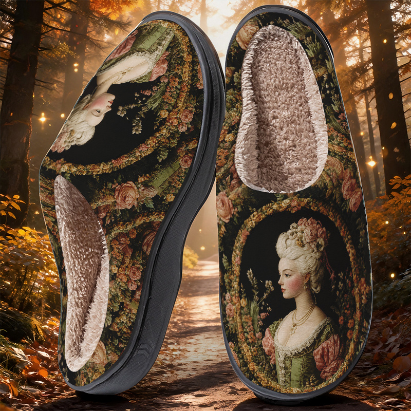 TEMU [2026 New Slippers] Retro Oil Painting Rococo Girl Floral Pattern Unisex Indoor Silent Warm Slippers Print Exquisite Individual Slippers Flat