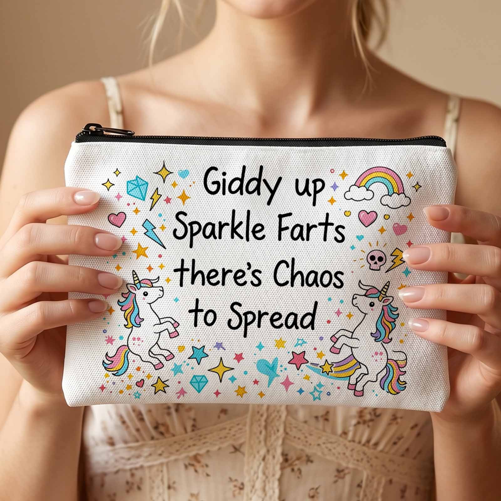 TEMU 1pc Durable Cosmetic Bag With Giddy Up, Sparkle Pattern, Travel Toiletry Bag And Storage Pouch, Daily Cosmetics Organization, Ideal Gift For