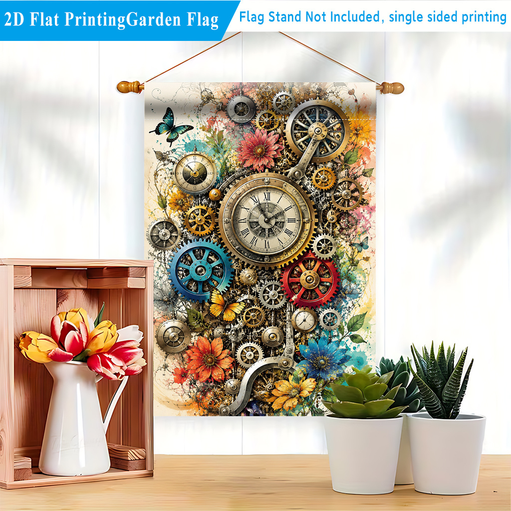 TEMU 2d Flat, 2d Flat 1pc, Colorful Flowers And Gears, Outdoor Garden Flag For And Birthdays; Printed Small Hanging Yard Flag; Ideal For Yard Parties