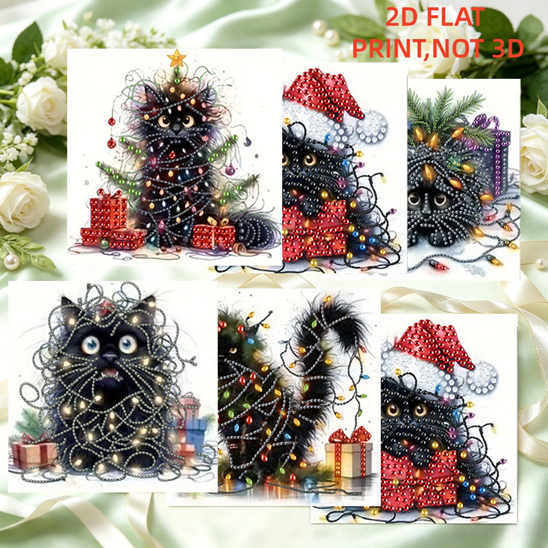 TEMU 6-delige Diamond Painting Kit - Kerstlichtsnoer Zwarte Kat Thema Schilderen Vakantiekaart Set, Speciale Vorm Mozaïek Postkaart, Vakantiekaart