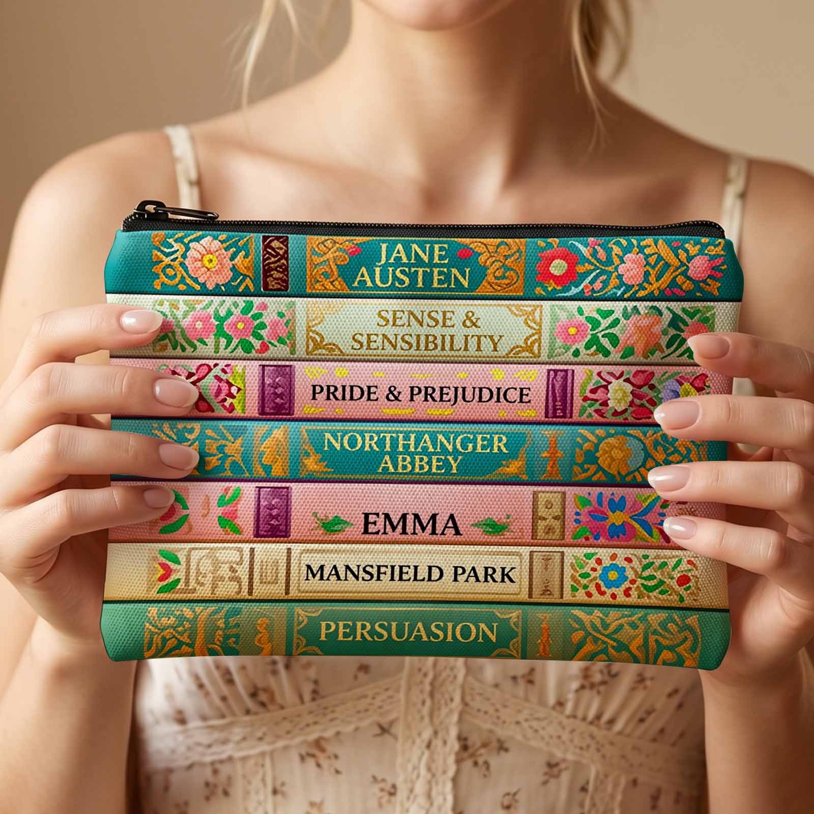 TEMU 1pc Jane Austen Themed Cosmetic Bag Suitable For &, Durable Travel Toiletry With Classic Book, Compact Storage Pouch For Daily Use, Gift For,
