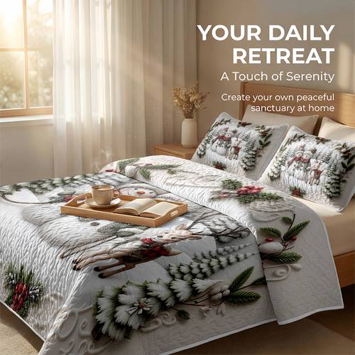 2 3pcs quilted bedspread set christmas snowman reindeer snow scene embroidered bedspread bedspread 1 pillowcase 1 2 pillow insert not included breathable and comfortable suitable for holiday gift suitable for hotels