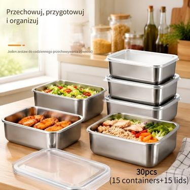 30 szt. (15 pojemników i 15 pokrywek) Pojemniki ze stali nierdzewnej do przygotowywania posiłków z pokrywkami, hermetyczny zestaw pojemników do przechowywania żywności, do szkoły, bento, na lunch do biura, bezpieczny w kuchence mikrofalowej i zamrażarce, możliwość układania w stosy