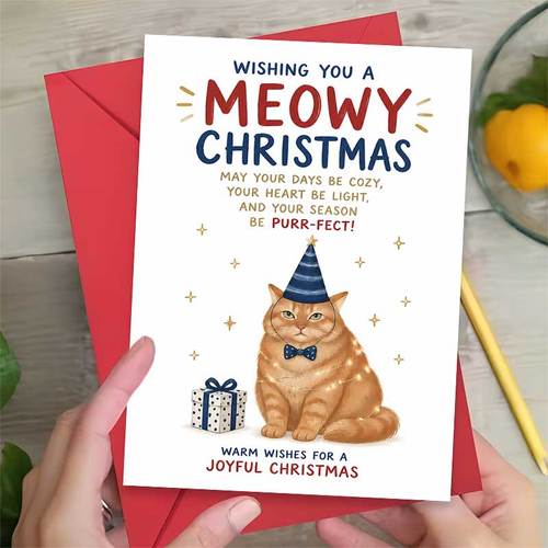 item picture 1pc greeting card and 1pc envelope adorable christmas greeting card cat wearing party hat and bow tie christmas suitable for friends holiday festive illustration style greeting card