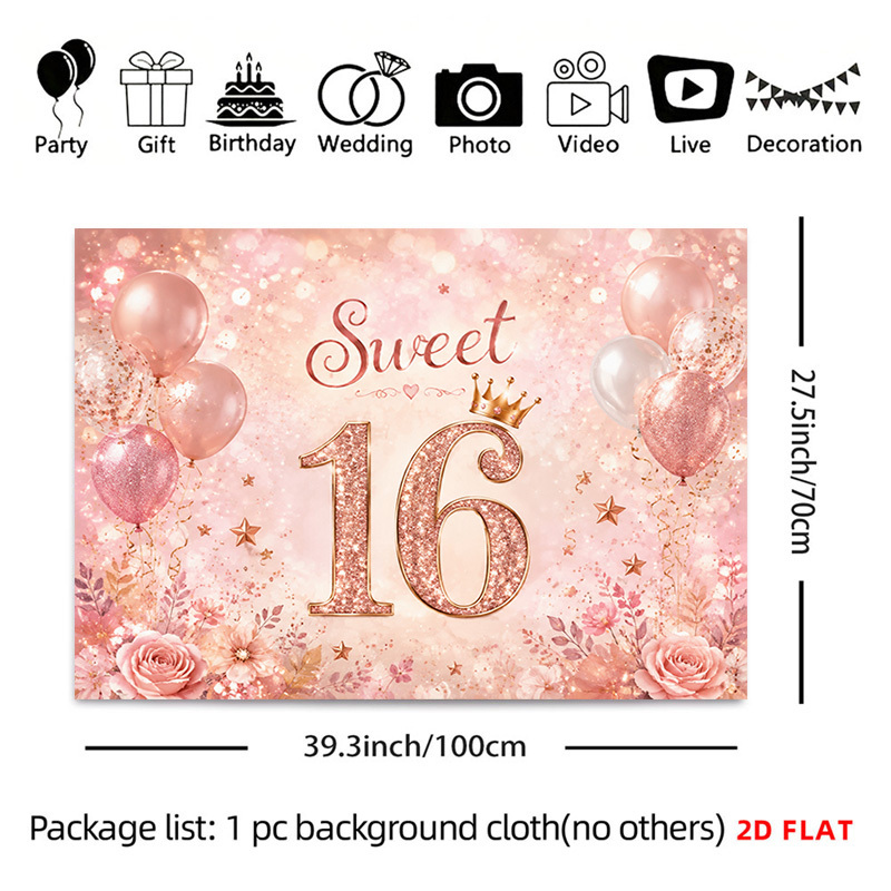 TEMU 2d Flat, 2d Flat Print 1pc Tapestry Sweet 16 Birthday Rose Tapestry Wall Background Cloth, Romantic And Soft Atmosphere, Suitable For Portrait