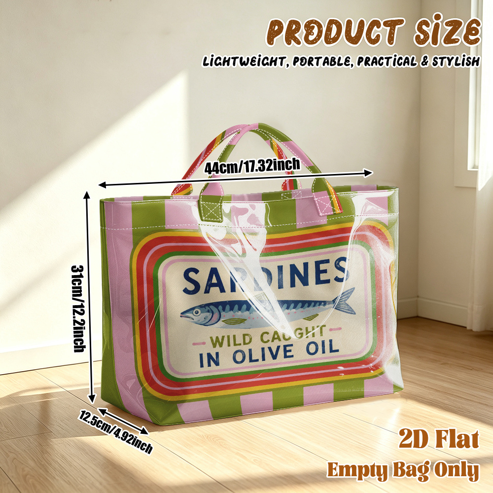 TEMU 1pc Reusable Grocery Bags, 2d Flat Printing Sardine Fish Illustration Pattern Pvc Large Capacity Travel Tote Bag, Shopping Bag, Commuting Bag,