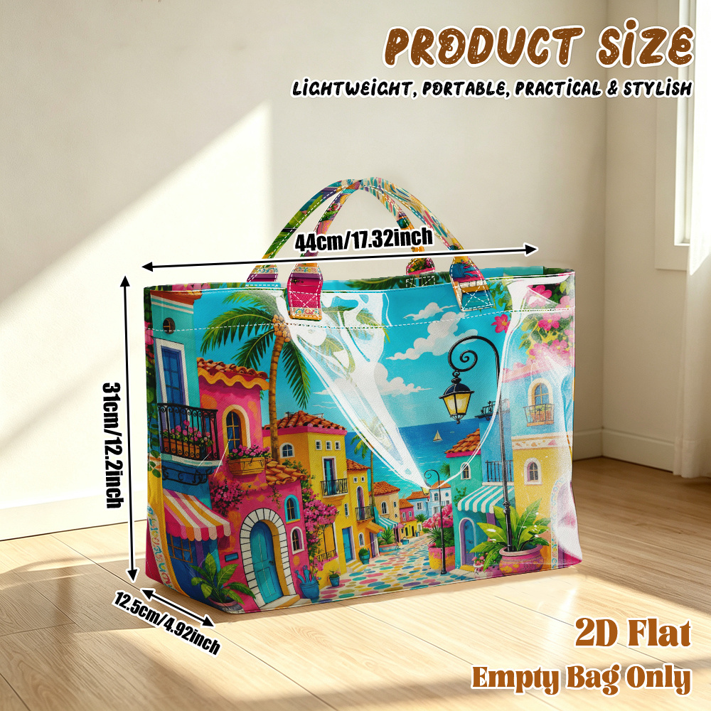 TEMU 1pc Reusable Grocery Bags, 2d Flat Printing Colorful Coastal Street Pattern Pvc Large Capacity Travel Tote Bag, Shopping Bag, Commuting Bag,