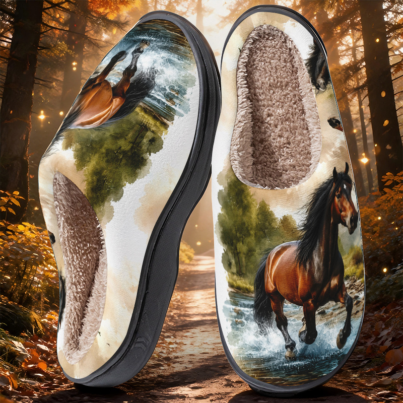 TEMU [2026 New Slippers] Watercolor Style Horse Pattern Unisex Indoor Silent Home Slippers Print Exquisite Individual Warm Comfortable Slippers Flat