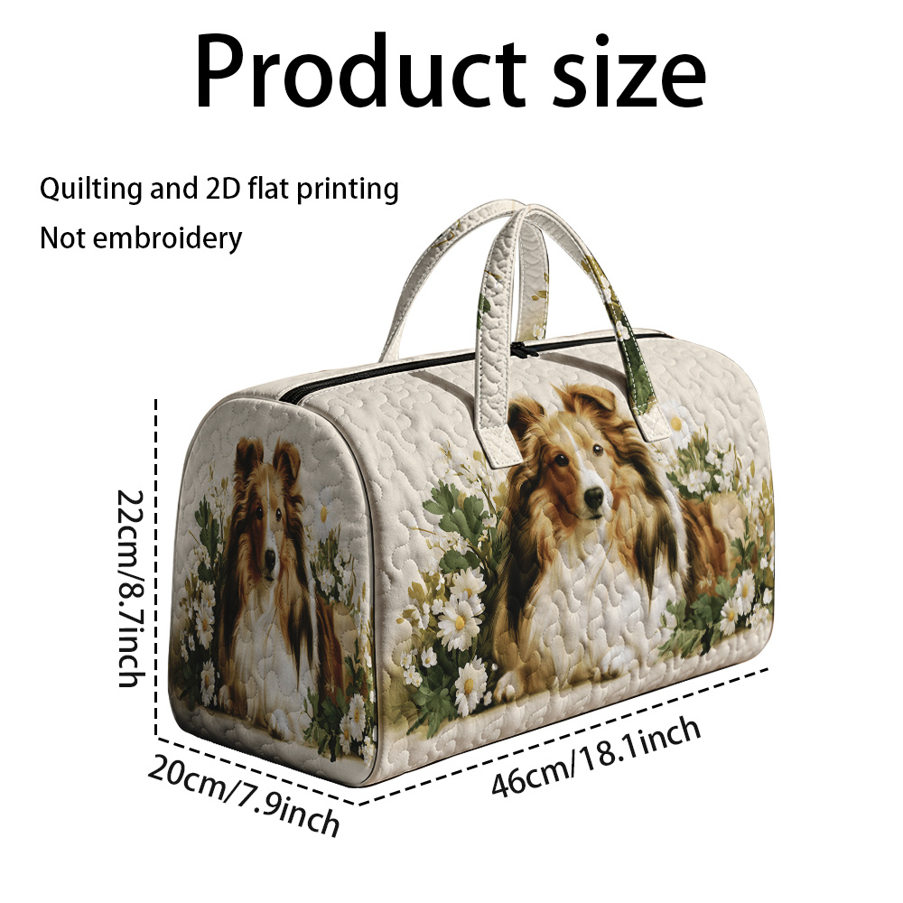 TEMU 1pc Quilting And 2d Flat Printing, Not, Collie Dog With Wildflowers Pattern Quilted Shopping Bag, Travel Bag, Quilted Handheld Outdoor Travel