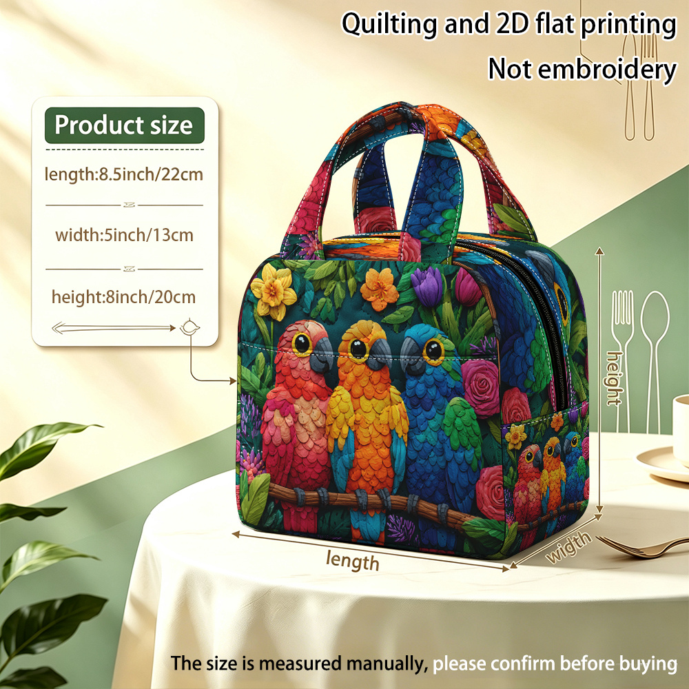 TEMU 2d Flat, 1pc Reusable Colorful Parrots Vibrant Flowers Quilted Insulated Hand Bag, Insulated Lunch Bag, (non-food Contact) Decorative For Home,
