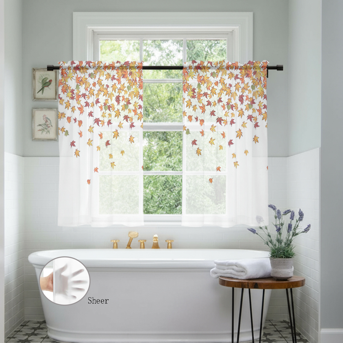 TEMU 2d Flat, 2pcs Sheer Small Curtains With Autumn In Colorful Scattered Style Pattern, Home Decor Short Curtains, Suitable For Kitchen, Bathroom,