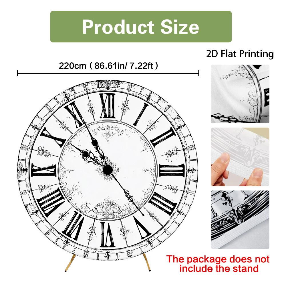 TEMU 2d Flat, 2d Flat - 2d Flat Printing 1pc Roman Numeral Clock Face Elastic Round Backdrop Cover, Party Banner, Used For Birthday Party Ceremony