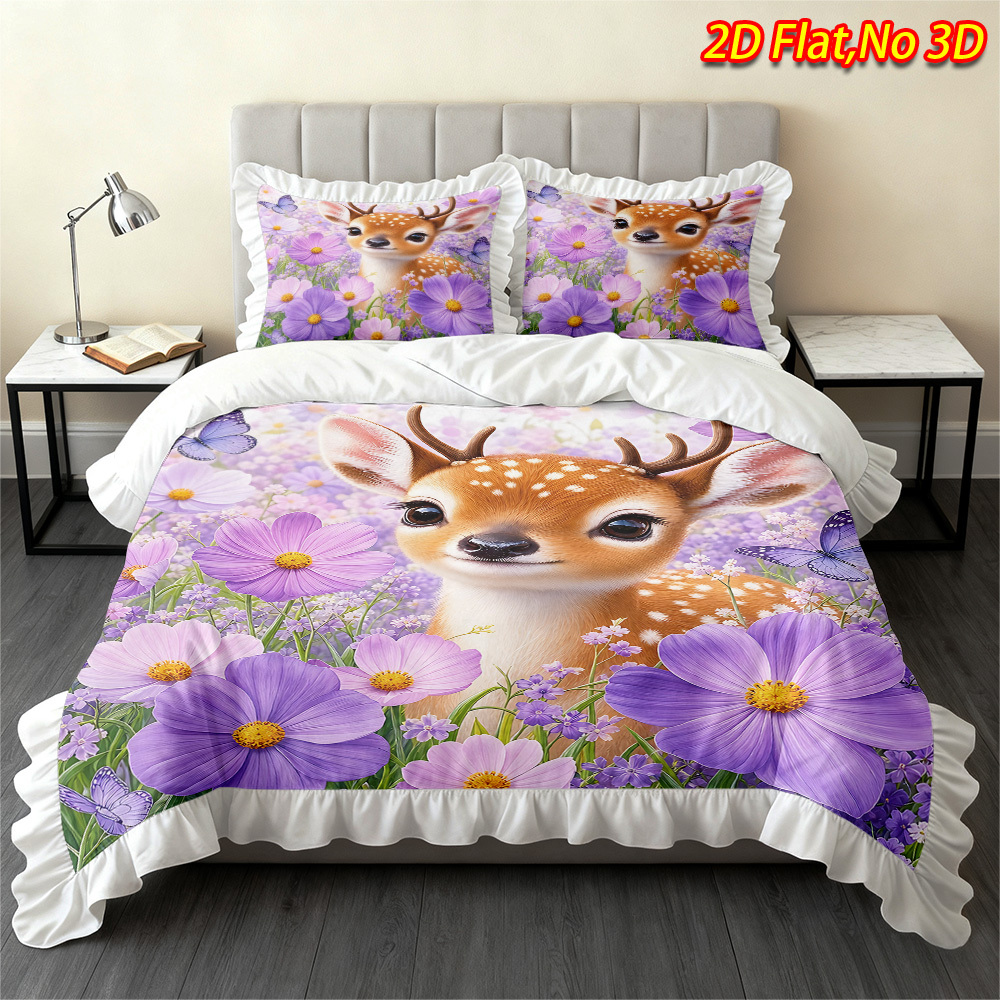 item picture 2 3pcs 2d flat printed deer floral and   pattern ruffle design duvet cover set multiple sizes   soft and machine washable suitable for bedrooms guest rooms dorms and guesthouses 1 duvet cover 1 2 pillowcases no filler