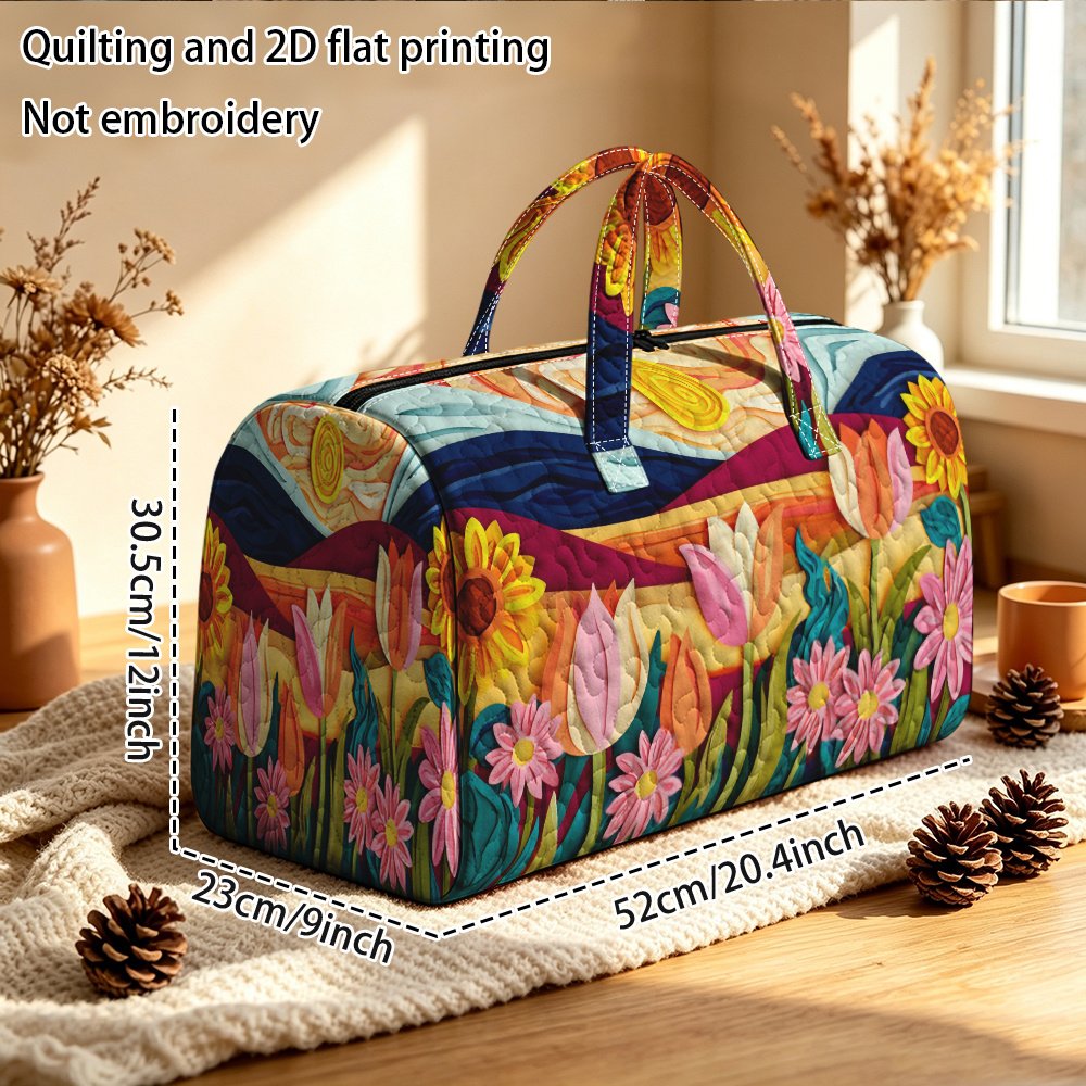 TEMU Quilting And 2d Flat Printing Not Colorful Flowers And Sunset Scene Quilted Tote Bag, Quilted Travel Bag, Quilted Duffle Bag, For Large Capacity