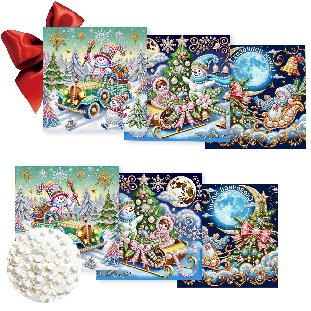 TEMU 6pcs Diamond Pearl Painting Greeting Card Set, Featuring A Cartoon Colorful Christmas Snowman On A Sleigh Pattern – Round Pearl Diamond Design,