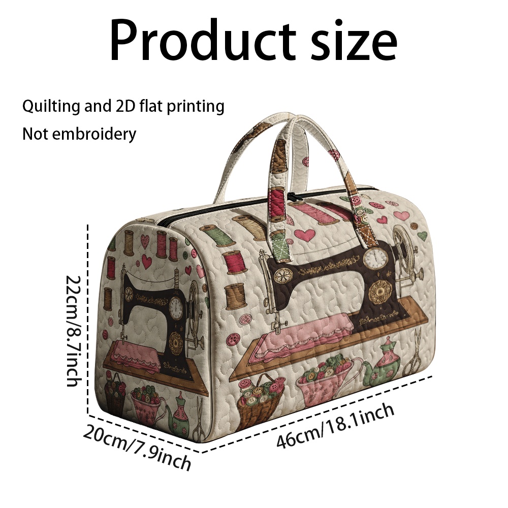 TEMU 2d Flat 1pc Quilted Tote Handbag Valentine Sewing Machine Pattern Print Luggage Bag Suitable For Shopping, Space-saving Storage Tote Bags