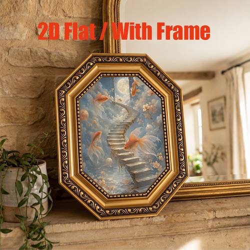 item picture 2d flat 2d flat 2d flat 1pc painting octagonal frame a staircase with goldfish frameless wall decoration living room office wall decoration bedroom decoration back to halloween