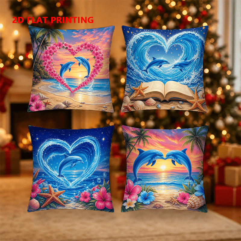 TEMU 2d Flat - 4pcs, 2d Flat Printing, Love Dolphin Pillow Covers For Living Room, Single-sided Print, Polyester Material, Multi-sizes, Zipper