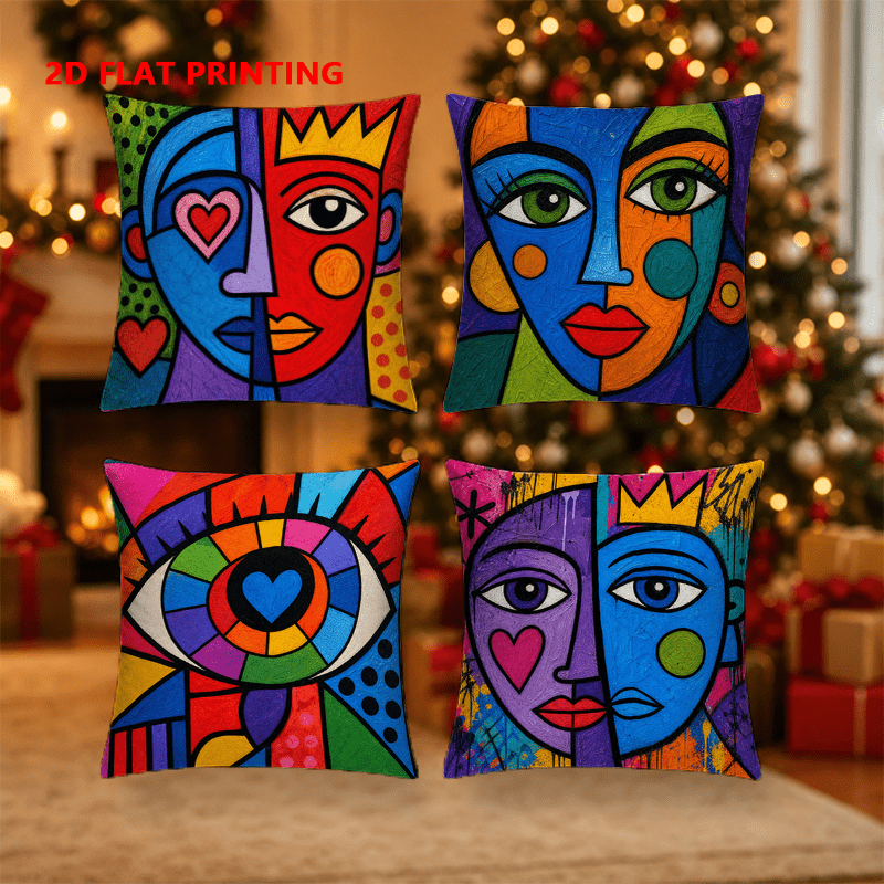 TEMU 2d Flat - 4pcs, 2d Flat Printing, Picasso Style Sofa Cushion Covers, Single-sided Printing, Polyester Material, Multi-sizes, Zipper Closure,