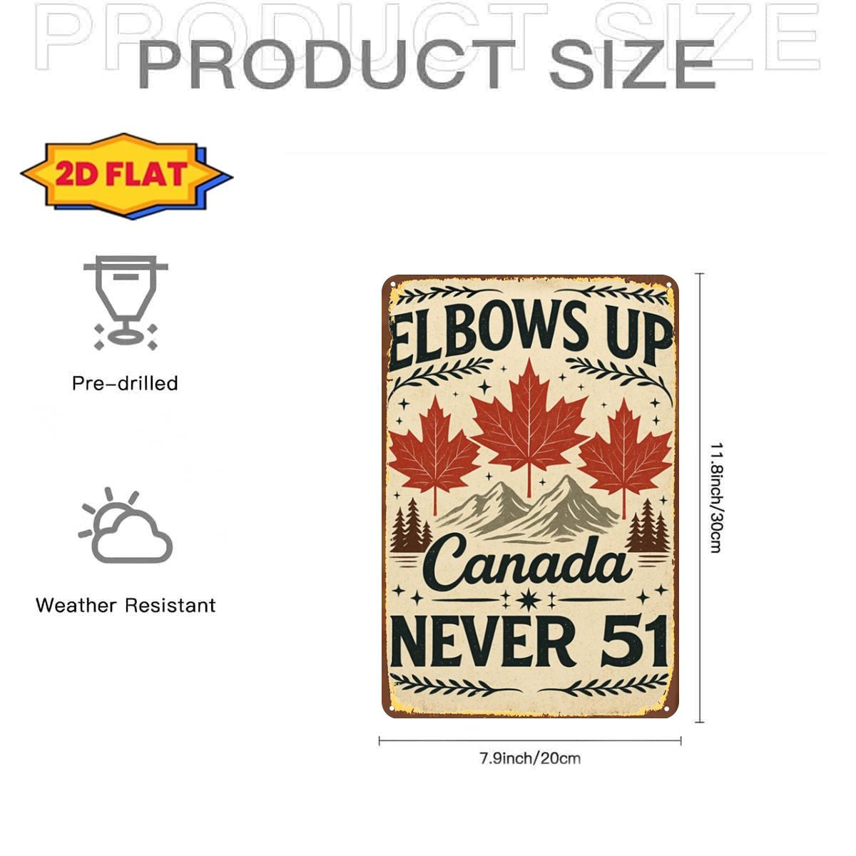 insegna piatta 2d, 1 pz, gomiti in su, canada never 51 in metallo e ferro,   preforati, giardino, esterno, casa, ufficio, decorazione per wc