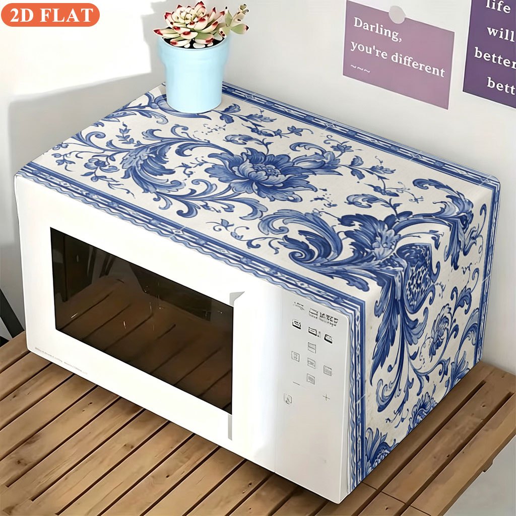 TEMU 2d Flat 1pc, Traditional Blue Floral Pattern, Themed Print Microwave Dust Cover - Easy-to-clean Kitchen Decor, Suitable For Microwaves,