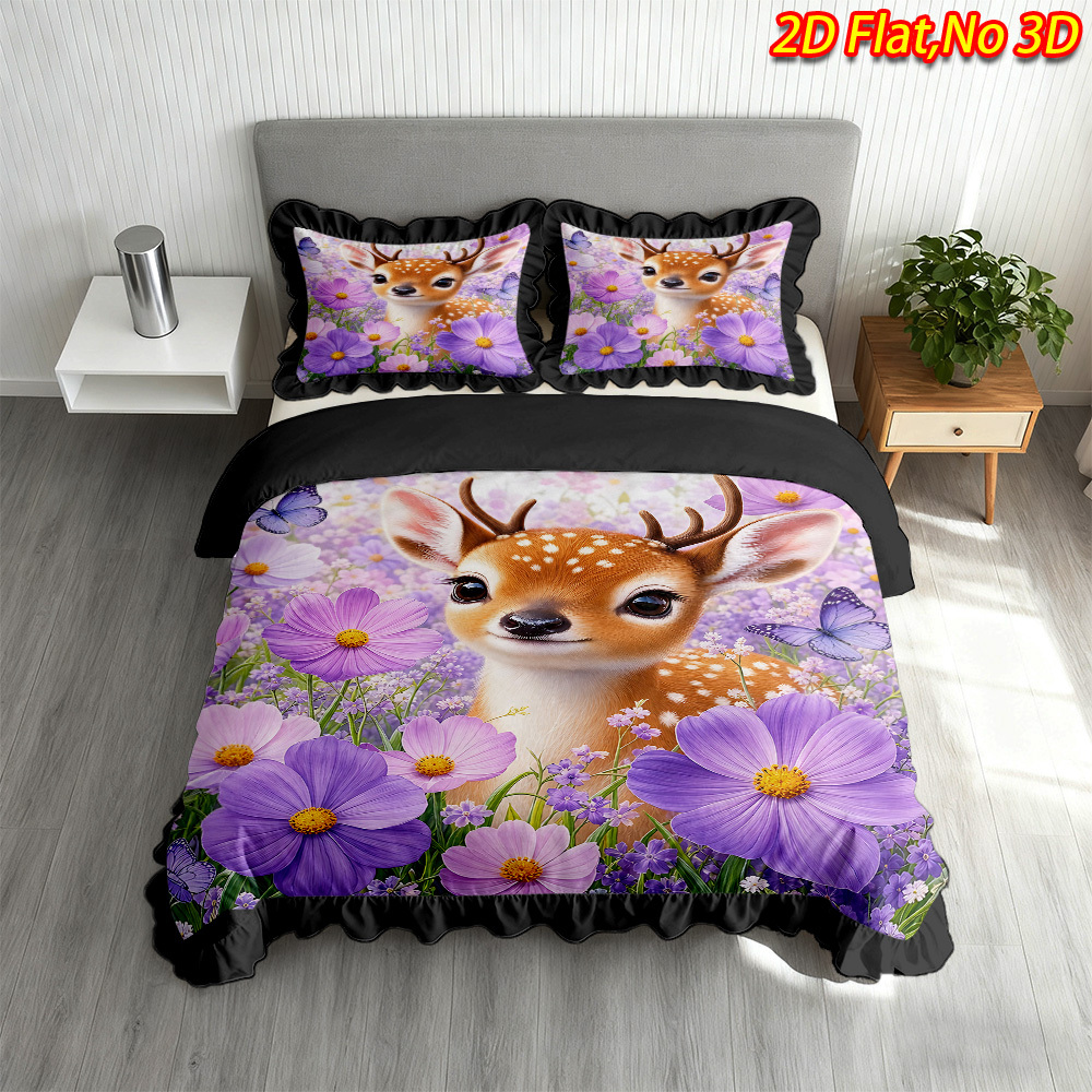 2 3pcs 2d flat printed deer floral and   pattern ruffle design duvet cover set multiple sizes   soft and machine washable suitable for bedrooms guest rooms dorms and guesthouses 1 duvet cover 1 2 pillowcases no filler