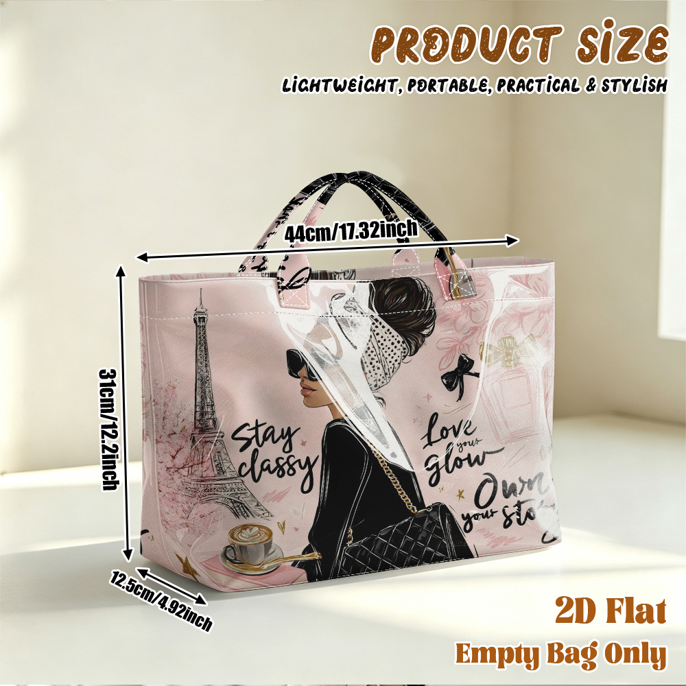TEMU 1pc 2d Flat Printing Elegant Parisian Lady Pattern Large Capacity Travel Tote Bag, Casual Shopping Bag, Commuting Bag, Beach Bag, Yoga Bag,