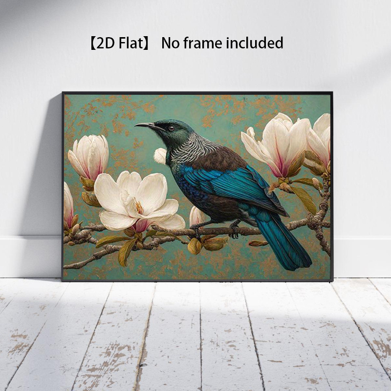 TEMU 2d Flat, 2d Flat Frameless Wall Decor Canvas Art, New Zealand Tui Bird And Magnolia Decorative Painting - Teal Tones With Accents, Realistic