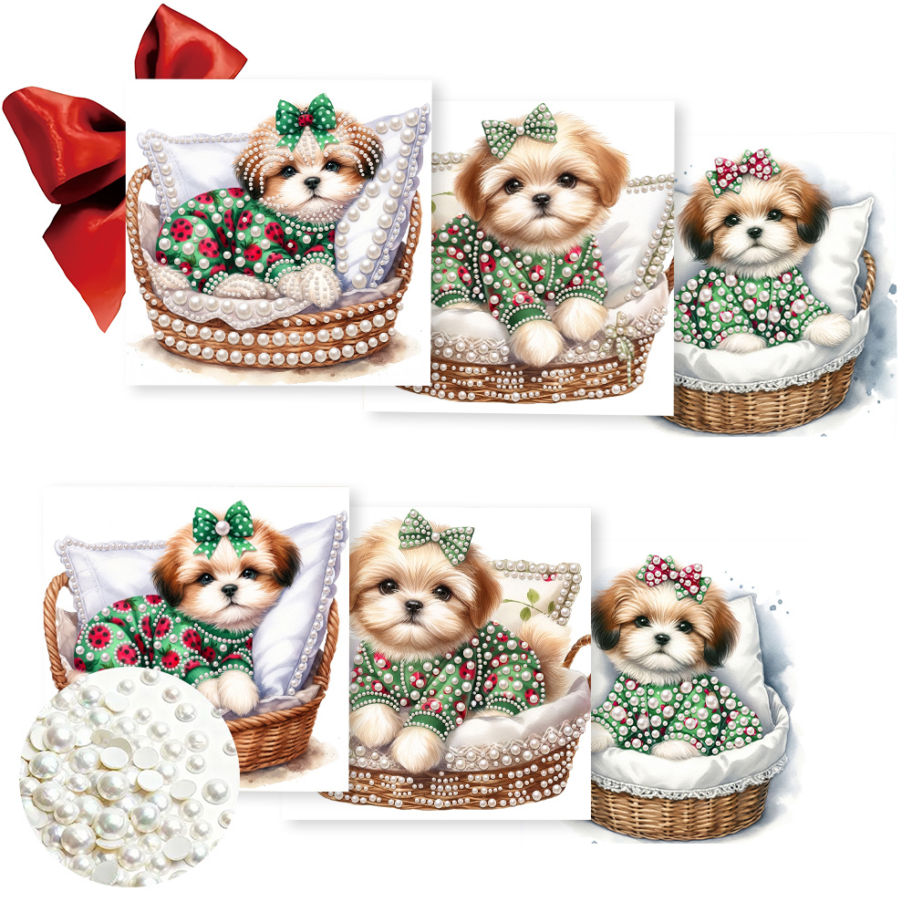 TEMU 6pcs Diamond Pearl Painting Card Set, Cartoon Cute Puppy And Dog Bed Pattern - Round Pearl Diamond Design, Adult Handmade Kit, Christmas And
